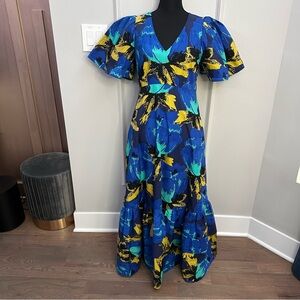 Elegant Blue and Yellow Floral Dress.